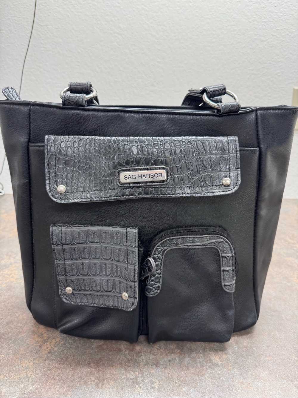 Sag Harbor Black Faux Leather Tote with Croc-Accent Front Pockets